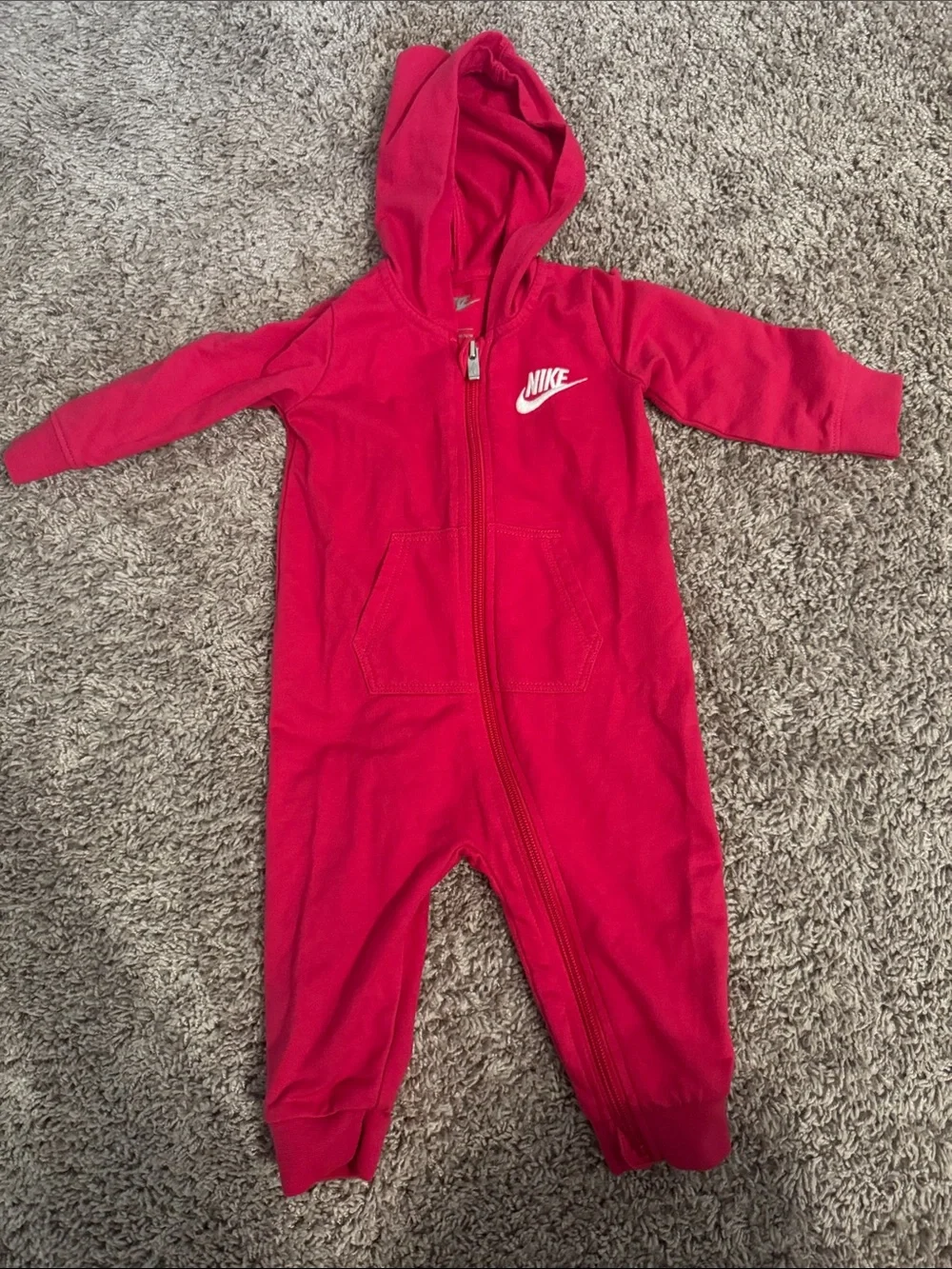 Nike Kids Bright Red Hooded One-Piece Footie with White Logo